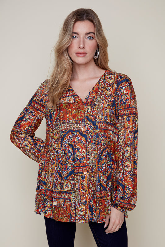 Printed V-Neck Button Blouse