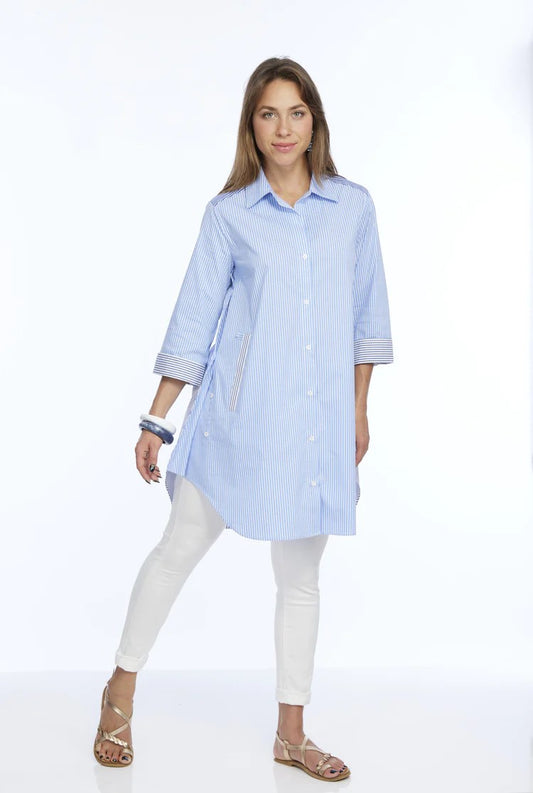 Cotton Striped Button Down Shirt Dress With Side Panel Detail