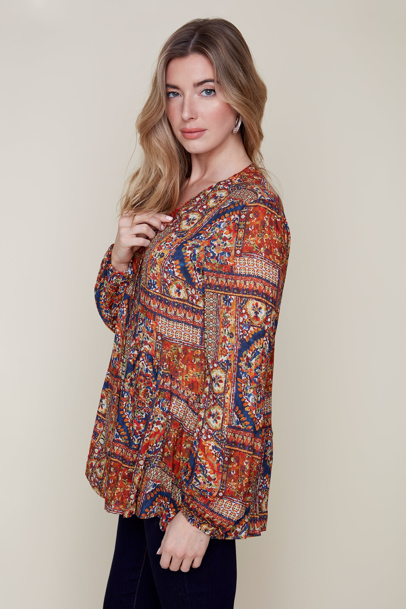 Printed V-Neck Button Blouse