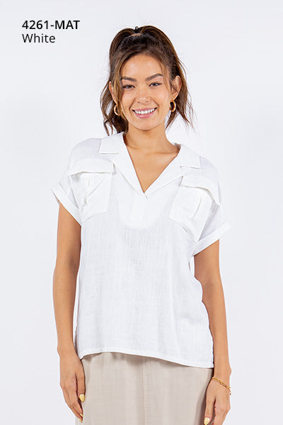 Collared Linen Cap Sleeve Shirt with Pockets