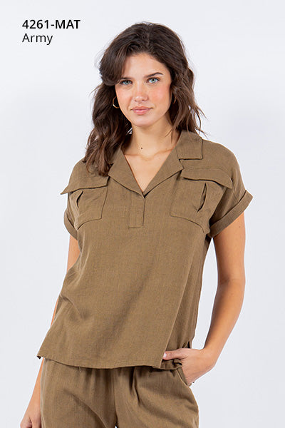 Collared Linen Cap Sleeve Shirt with Pockets