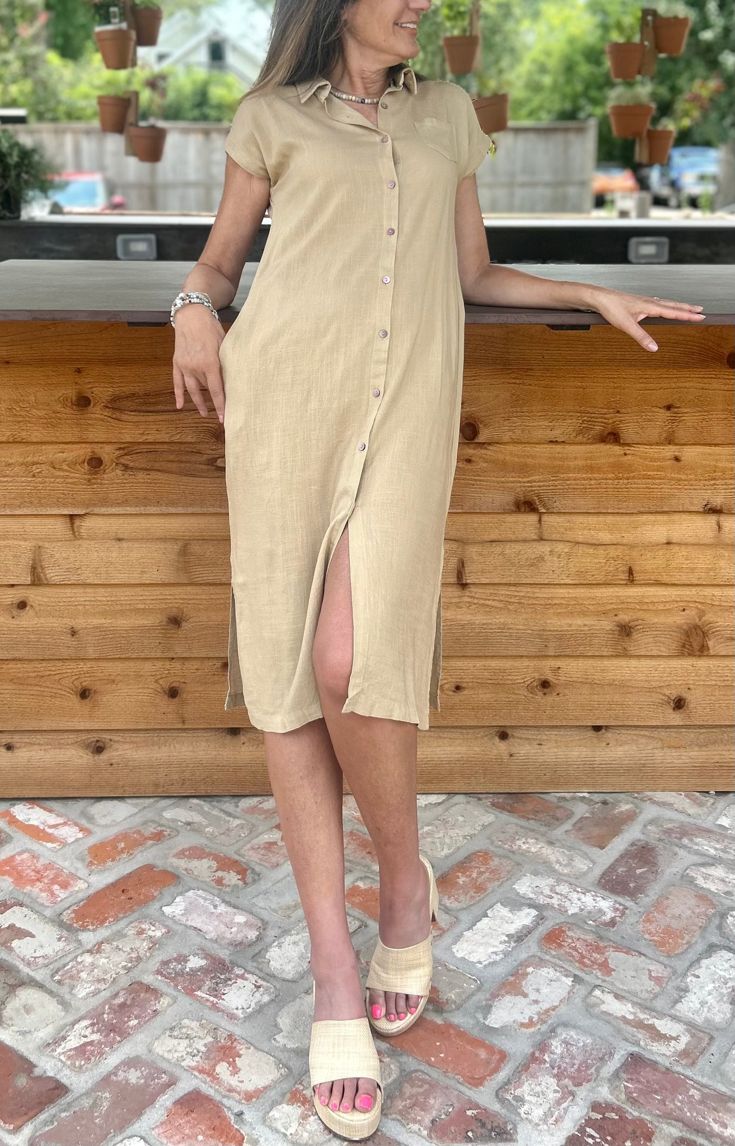 Linen Cap Sleeve Button Front Midi Dress